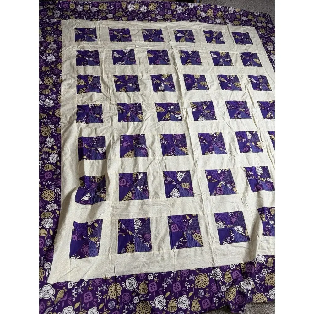 Quilt Top Topper Purple Yellow Patchwork Floral Square Blanket 80 X 71.5in